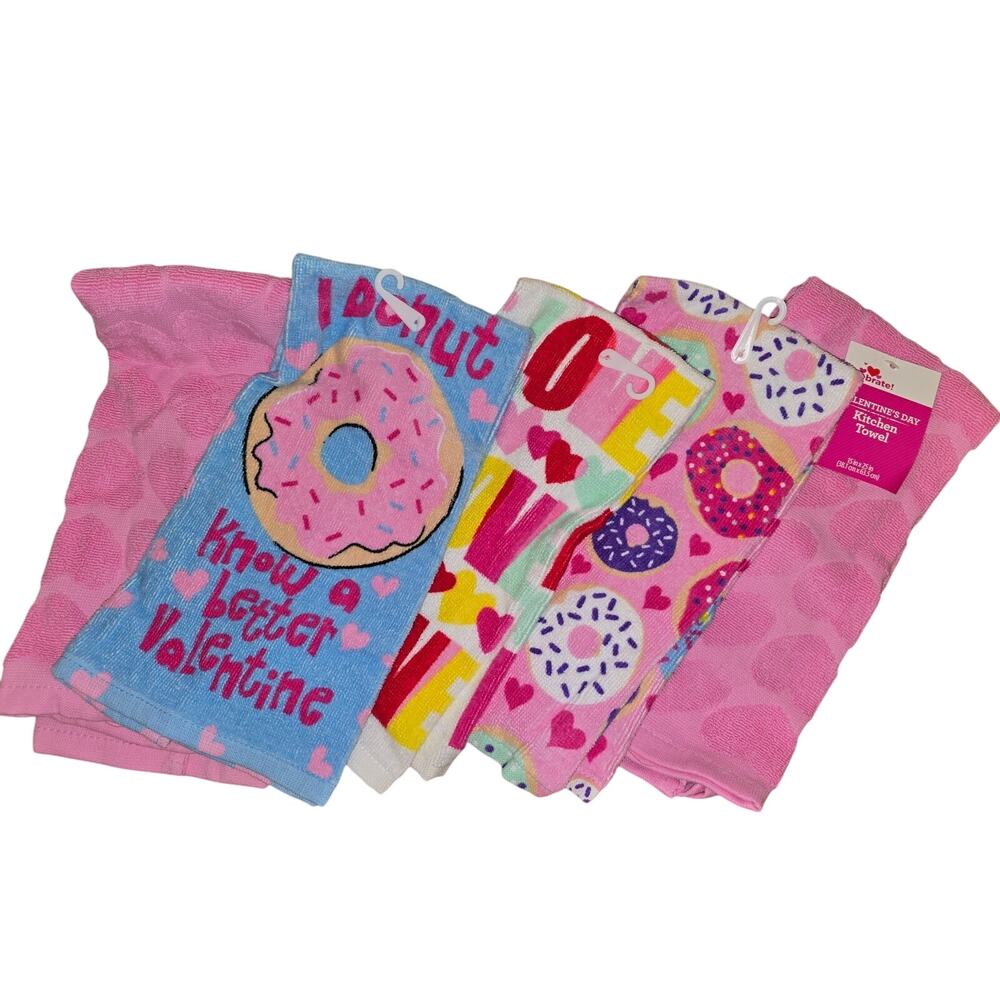 Pink Multi Color Towels Valentines Donut Heart Love Set of 5